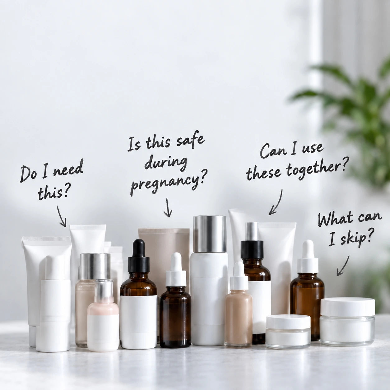 A collection of white and amber cosmetic bottles with questions like "Do I need this?" and "Can I use these together?" written above them.