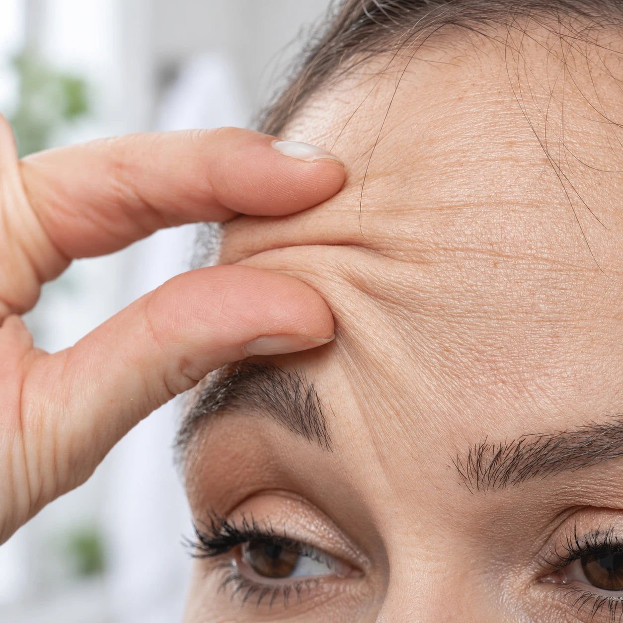 Close-up of forehead wrinkles being pinched before applying Iokuro Jelly Peptide Serum Shot.