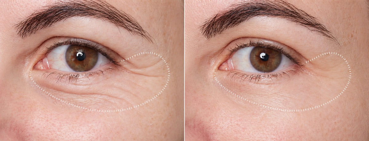 A side-by-side close-up photograph showcasing the anti-aging results of the iokuro jelly peptide serum shot on the eye contour area.The left panel displays the "before" state, highlighting prominent dynamic expression lines, crow's feet, and fine lines underneath the lower eyelid, all demarcated by a white dashed outline.The right panel displays the "after" state, showing the same area within the dashed outline with a visible reduction in the depth and appearance of wrinkles. The skin texture looks noticeab
