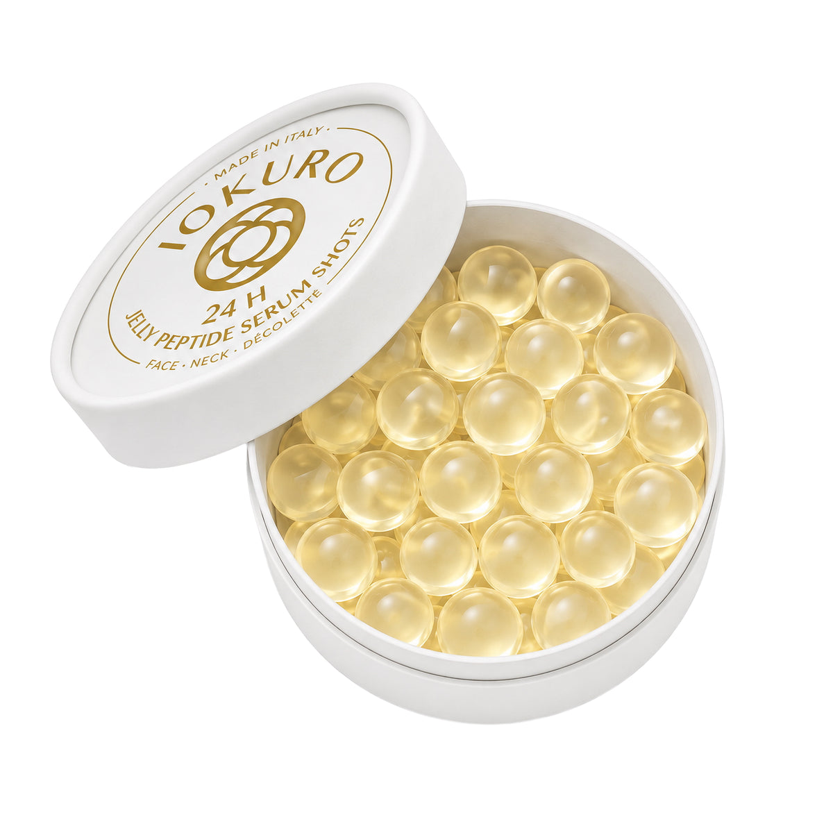 Open jar of IOKURO Jelly Peptide Serum Shots showing golden anhydrous micro-jelly gems for face, neck, and décolleté. Made in Italy.