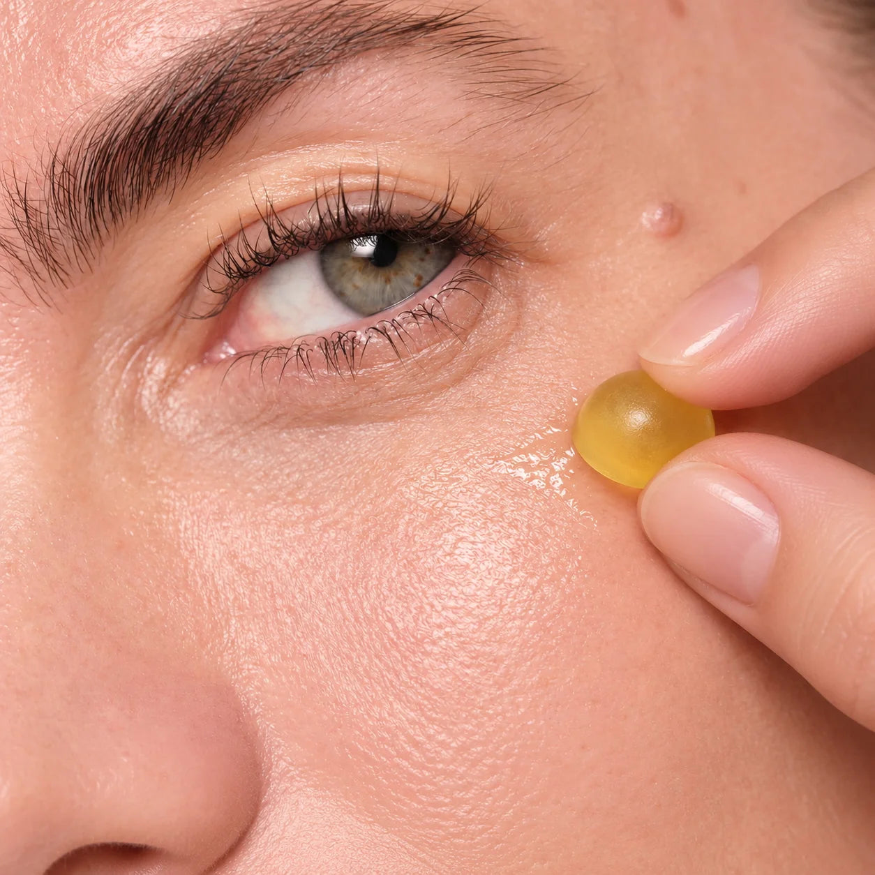 Applying an iokuro LIFT Jelly Peptide serum shot sphere onto the face.