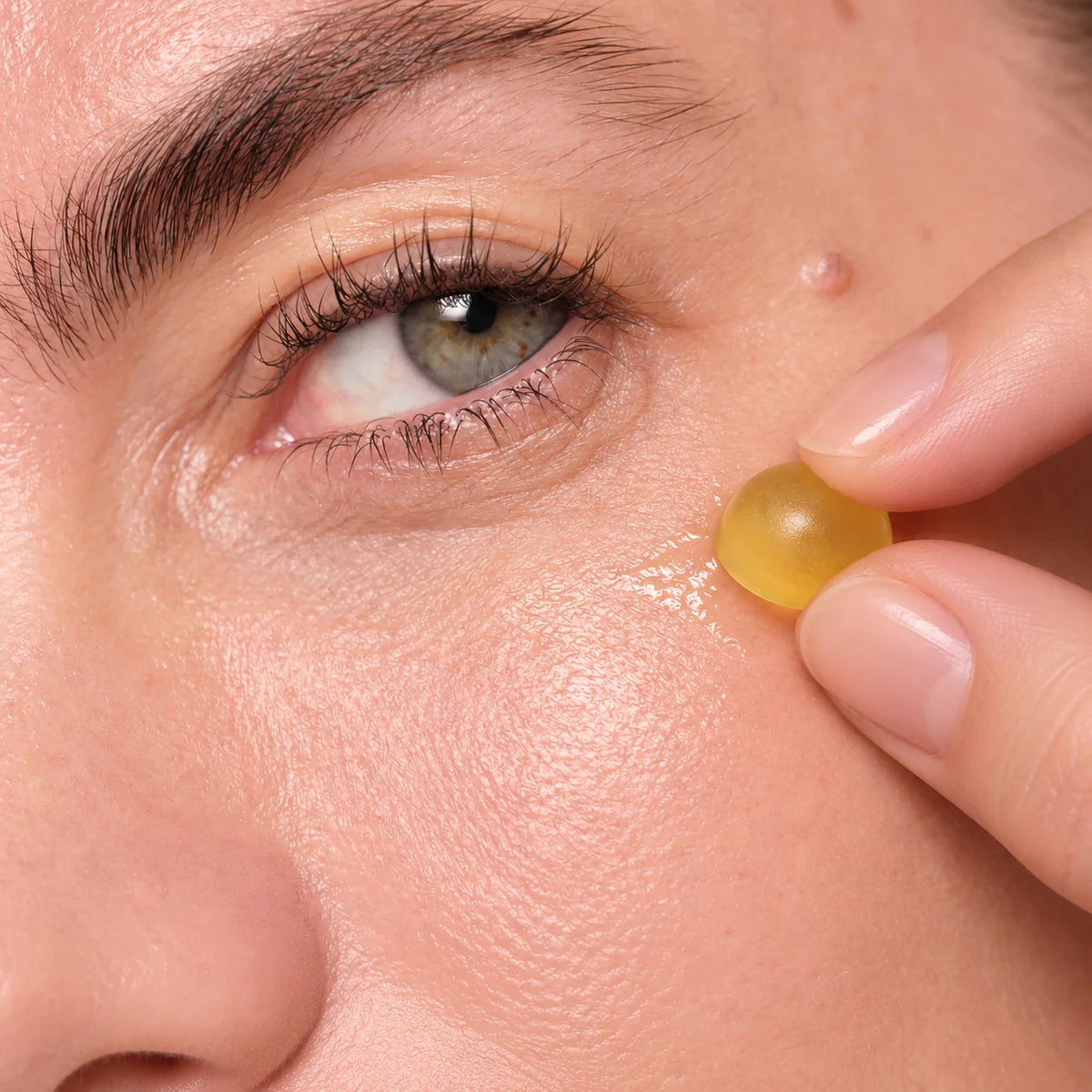 Applying an iokuro LIFT Jelly Peptide serum shot sphere onto the face.