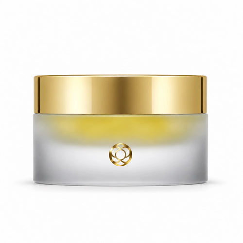 Luxury skincare jar in frosted glass with a gold cap showing the yellow jelly peptide serum shots lift by Iokuro inside. Botanical botox-like skincare.