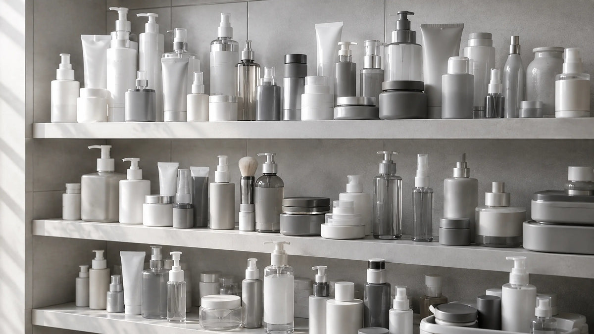 Tre mensole grigie in stile minimalista riempite con numerosi flaconi, barattoli e contenitori di prodotti per la cura della pelle e cosmetici in tonalità neutre di bianco, grigio e trasparente.